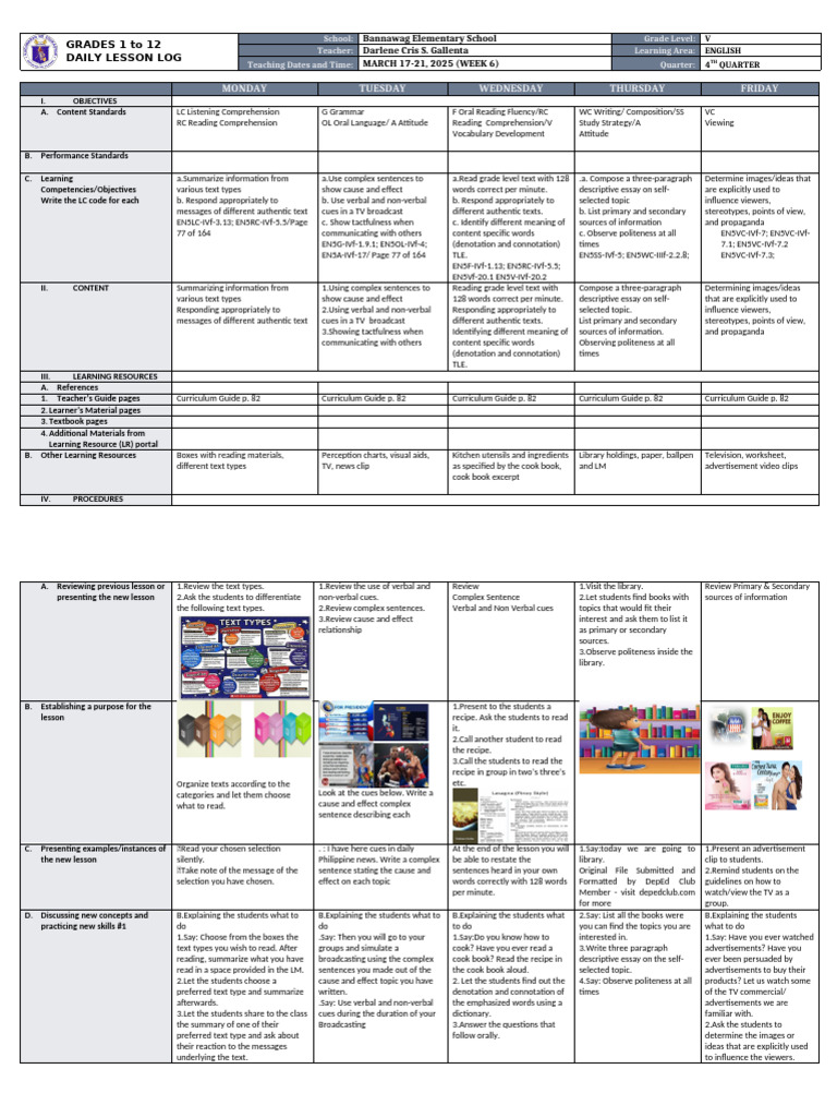 English Lesson Plan for Grade V | PDF | Reading Comprehension ...