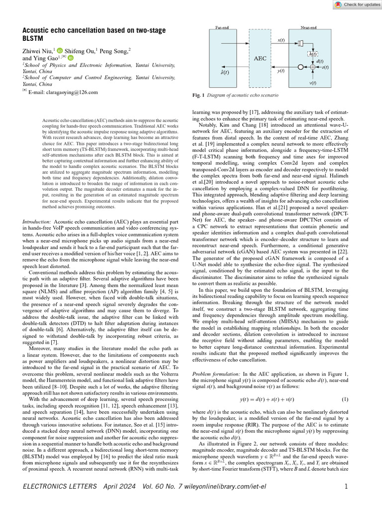 Electronics Letters 2024 Niu Acoustic Echo Cancellation Based On | PDF ...