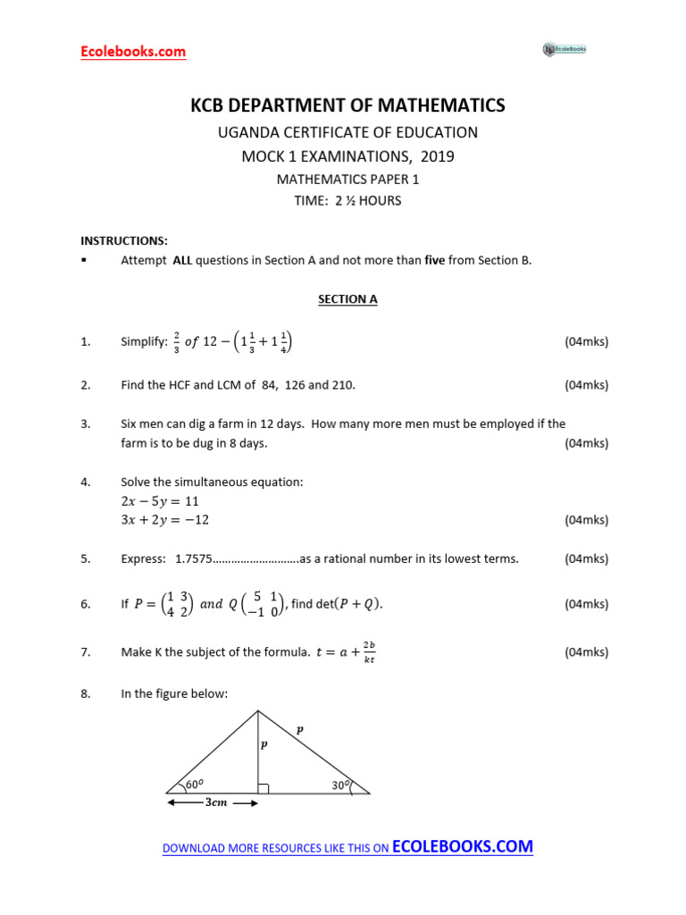 Uganda Mathematics Mock Exam 2019 | PDF | Elementary Geometry ...