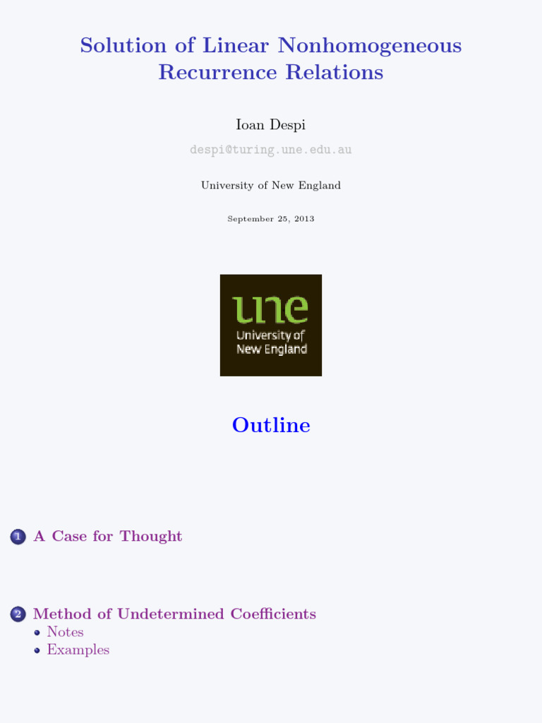 Solution of Linear Nonhomogeneous Recurrence Relations | PDF ...