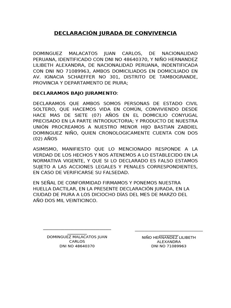 Declaración Jurada de Convivencia y Domicilio | PDF | Justicia | Crimen ...