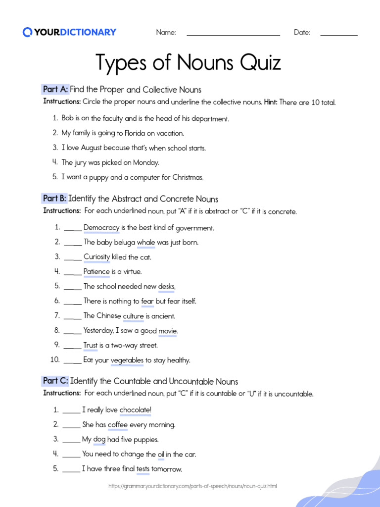 Types of Nouns-Quiz | PDF