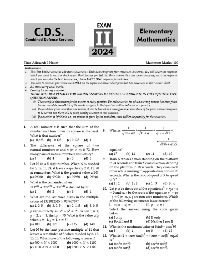 CDS 2024 Mathematics Exam Paper | PDF | Trigonometry | Number Theory