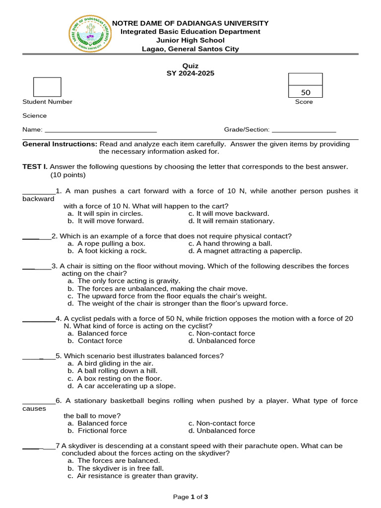 Science Quiz for Junior High School | PDF | Force | Friction
