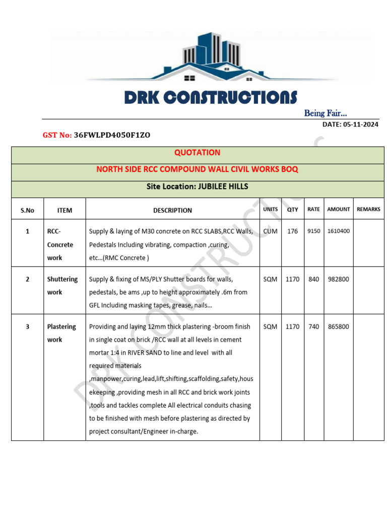 Jubilee Hills RCC Compound Wall Quotation | PDF | Concrete ...