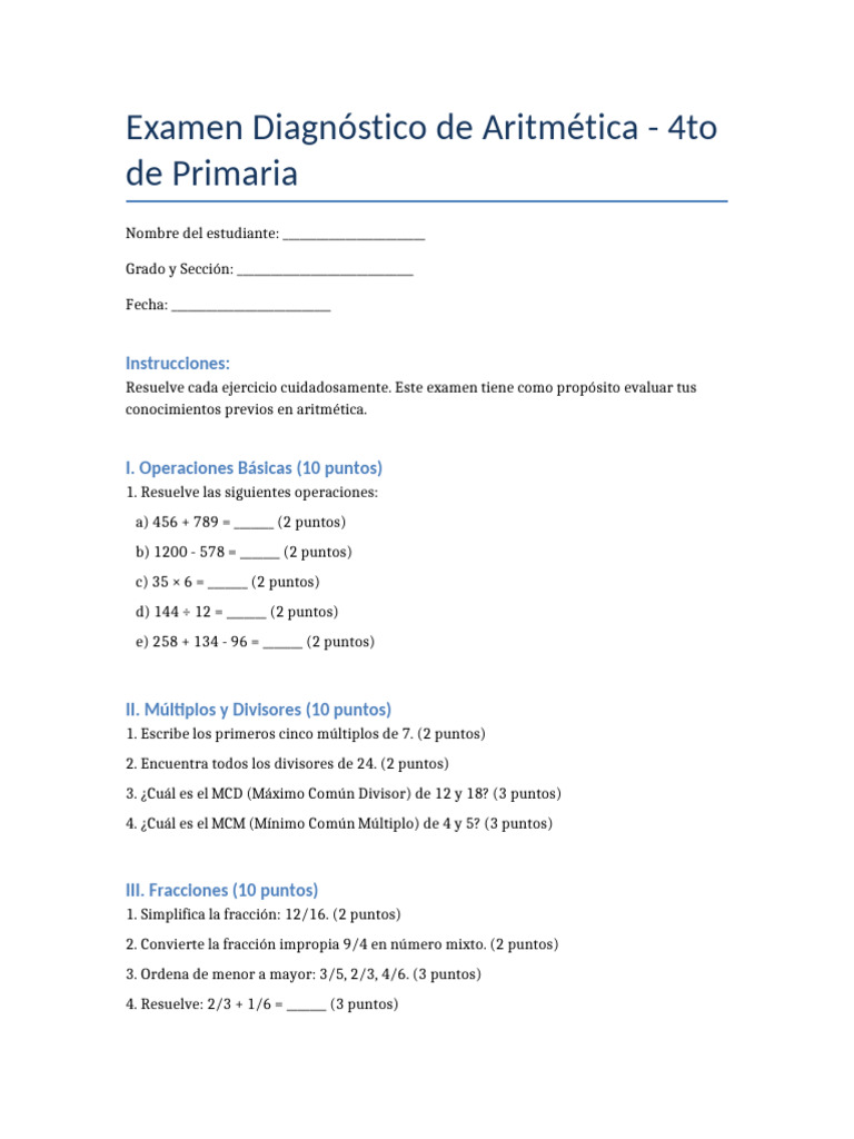 Examen de Aritmética 4to Primaria | PDF
