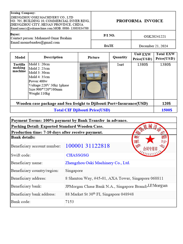 Proforma Invoice of Tortilla Making Machine From Nancy 86 13803834700 ...