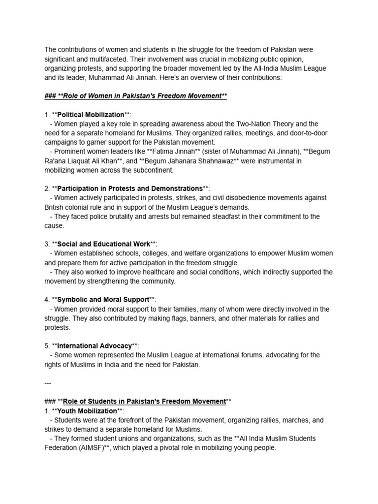 Women and Students in Pakistan's Freedom Movement | PDF | Pakistan ...