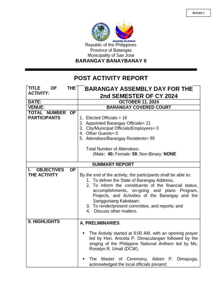 Barangay Assembly Day Report 2024 | PDF