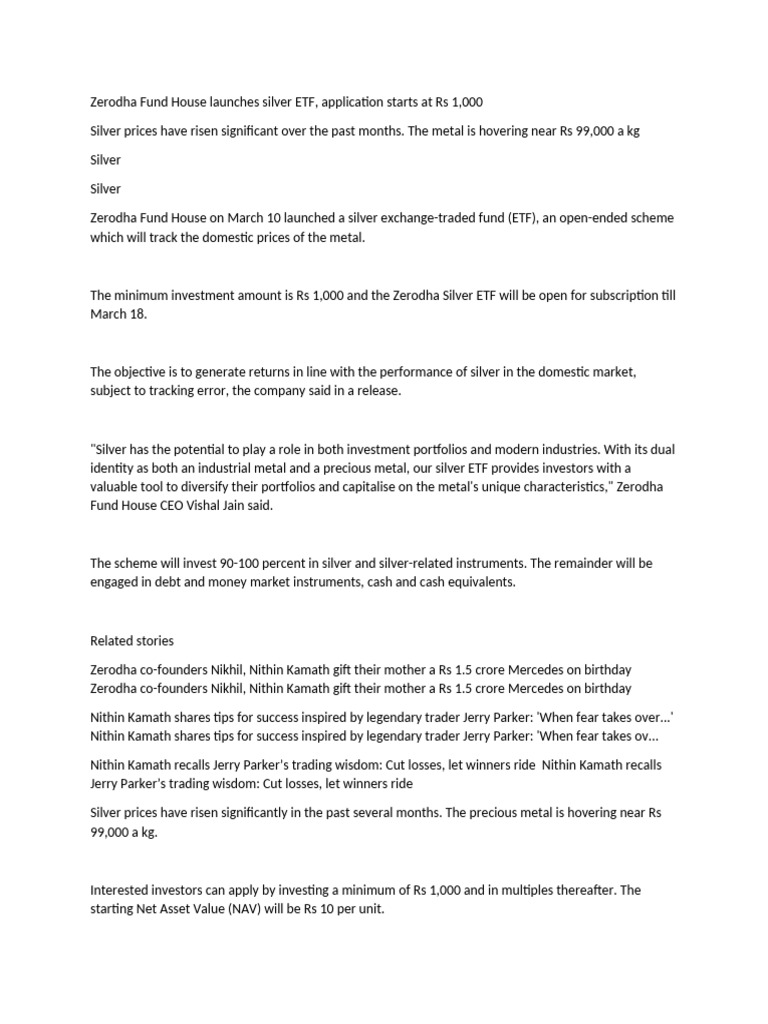 Zerodha fund house launches silver etf pdf
