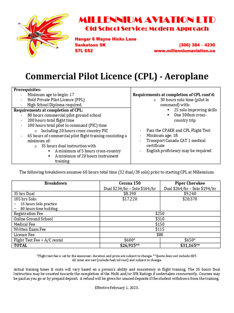 CPL Training Costs at Millennium Aviation | PDF | Aviation | Aeronautics
