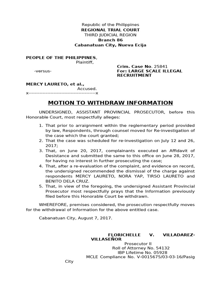 Motion to Withdraw Illegal Recruitment Case | PDF | Prosecutor ...