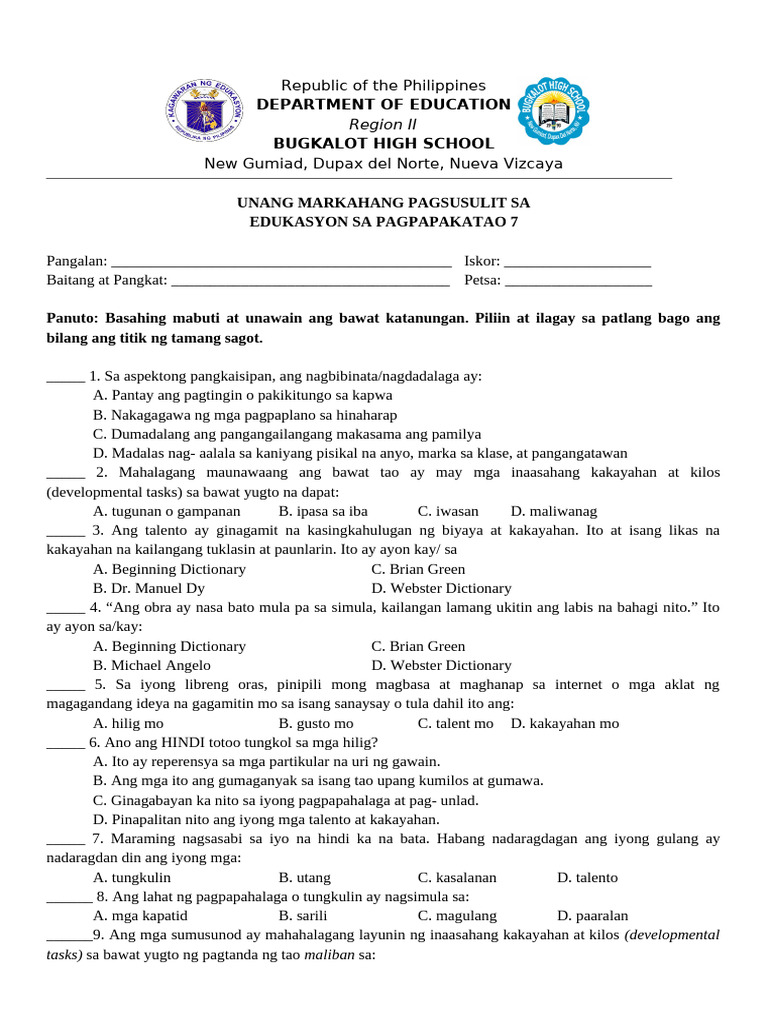 Final Esp 1st Q Exam 7 | PDF
