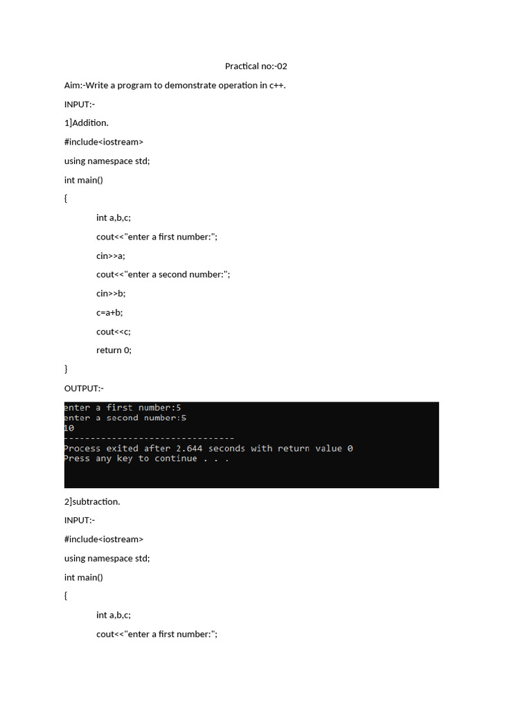 C++ Basic Arithmetic Operations Code | PDF