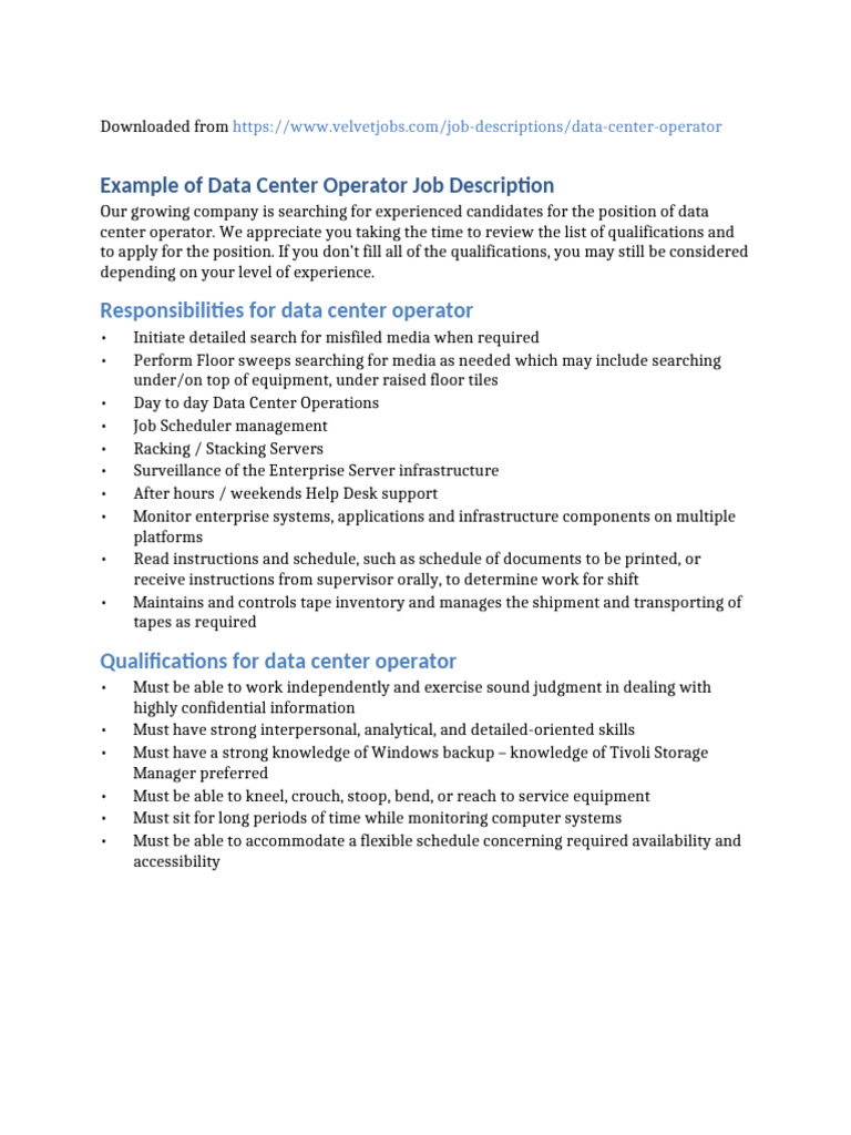 Data Center Operator Job Description | PDF