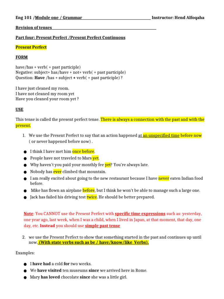 Present Perfect & Continuous Tenses Guide | PDF | Perfect (Grammar ...