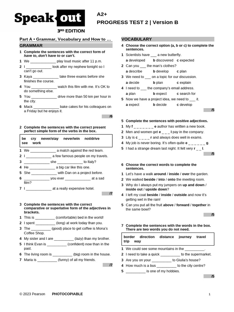 A2+ Progress Test 2: Grammar & Vocabulary | PDF | Hanoi | Cakes