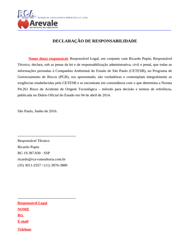 Declaração de Responsabilidade PGR CETESB | PDF