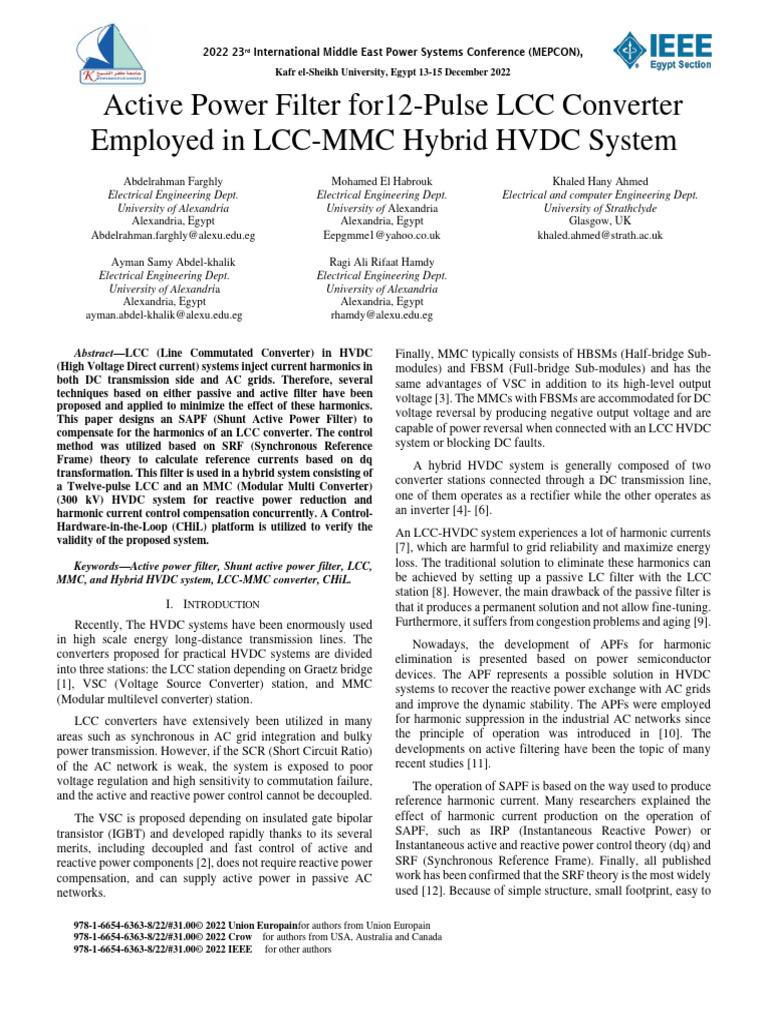 Active Power Filter for LCC-MMC HVDC | PDF | High Voltage Direct ...