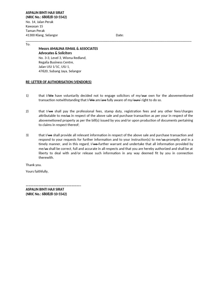 Authorization Letter for Transaction | PDF