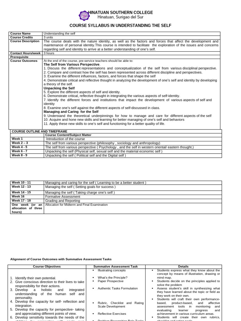 Understanding the Self Course Syllabus | PDF | Educational Assessment ...