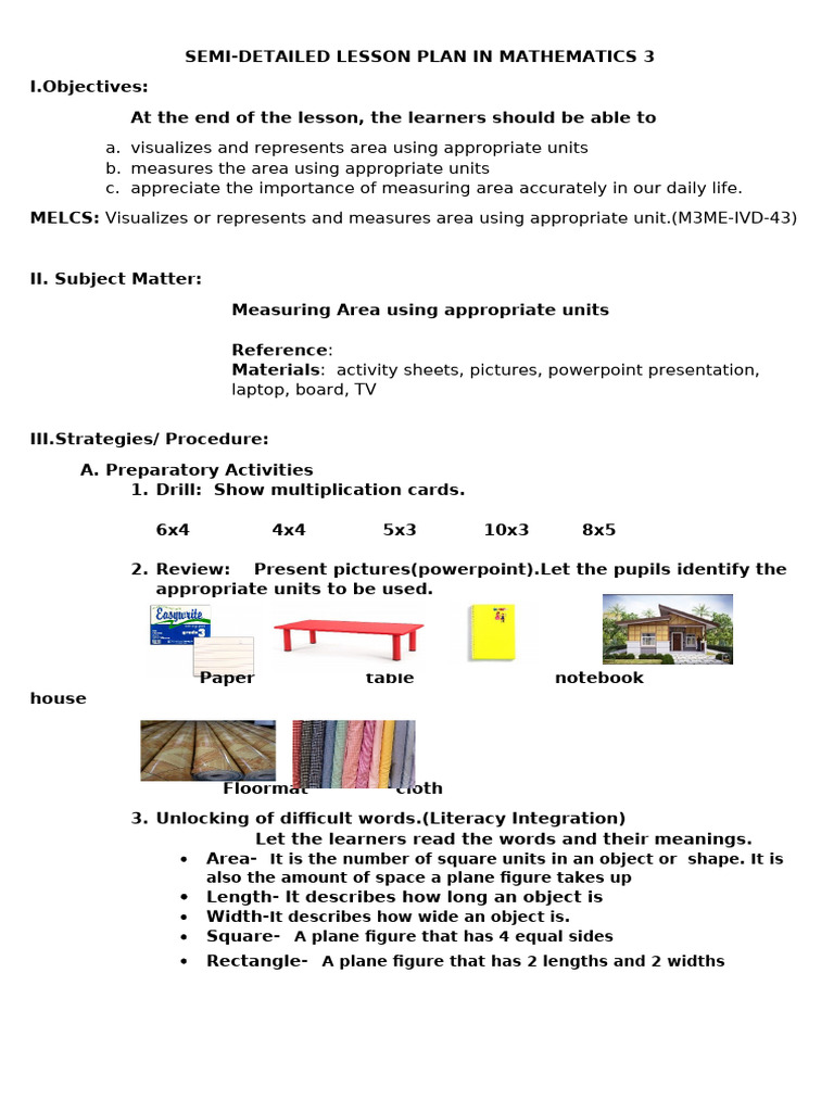 Area Measurement Lesson Plan for Grade 3 | PDF | Area | Length