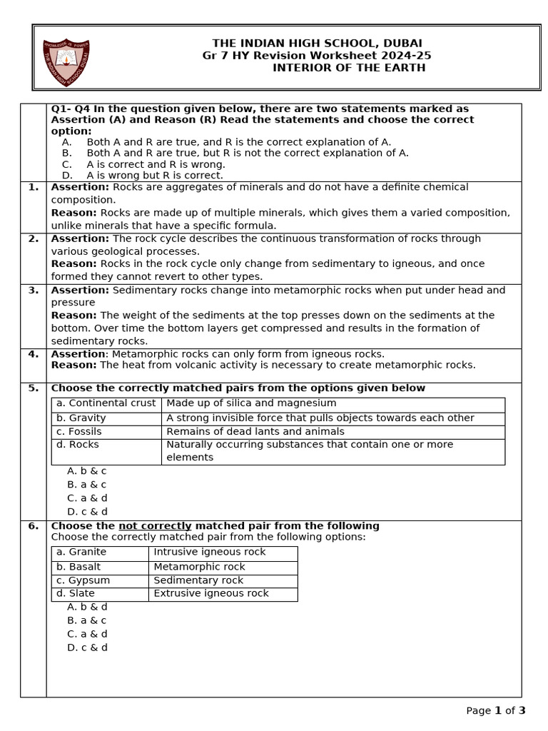 Earth Layers: Class 7 Revision Worksheet | PDF | Rock (Geology ...
