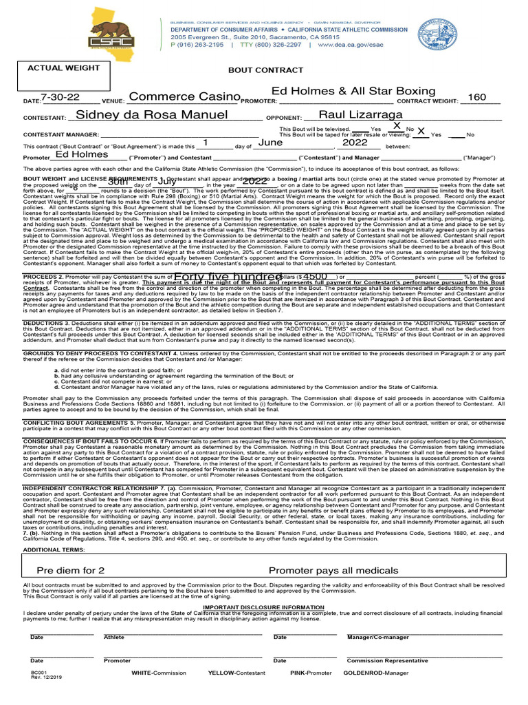Boxing Bout Contract Agreement Template | PDF | Employment | Payroll Tax