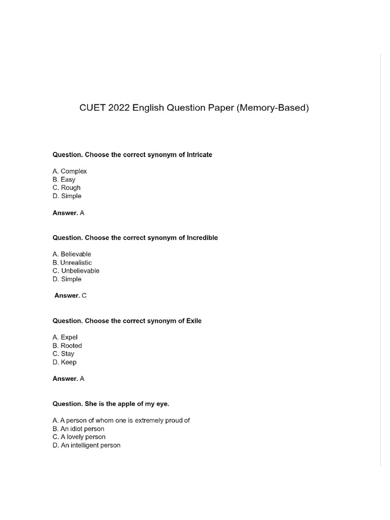 Cuet Memory Based Question English | PDF