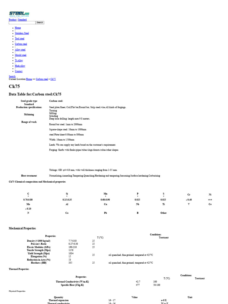 Ck75 Carbon Steel Specifications | PDF | Steel | Pipe (Fluid Conveyance)