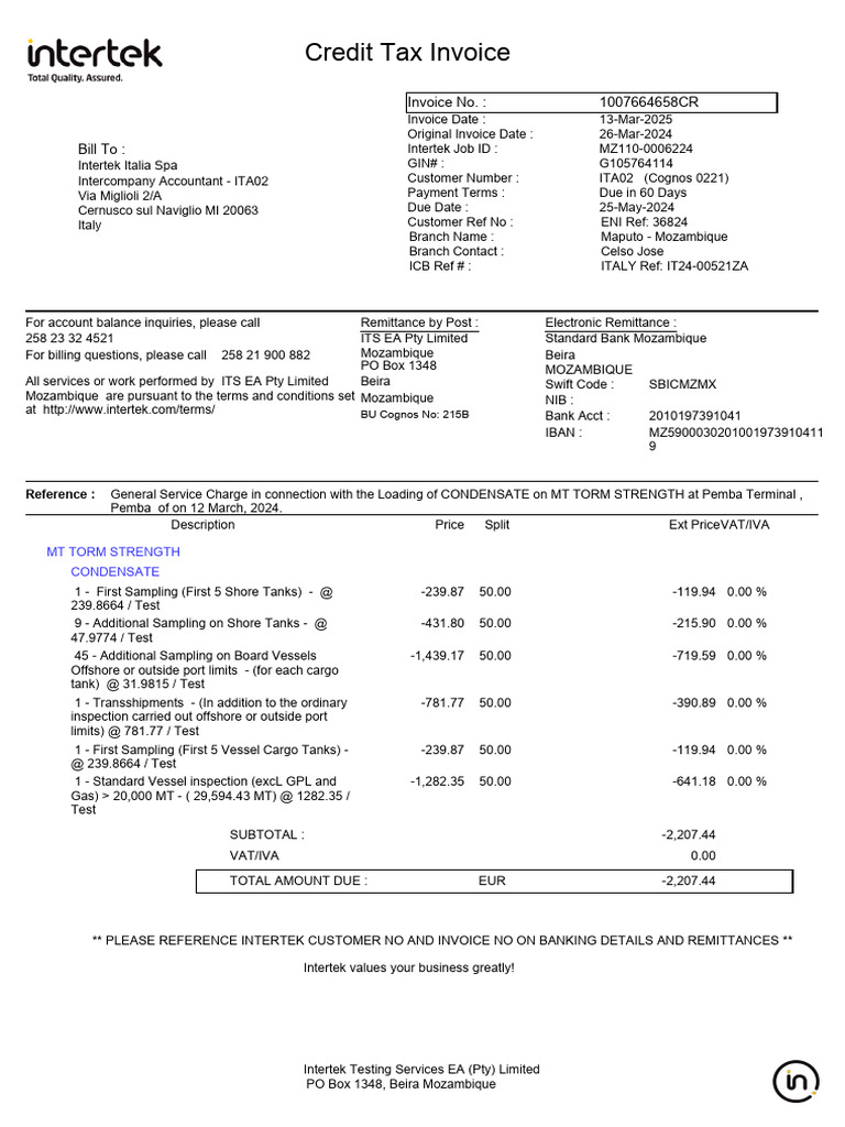 Credit Tax Invoice for Intertek Services | PDF | Invoice | Value Added Tax
