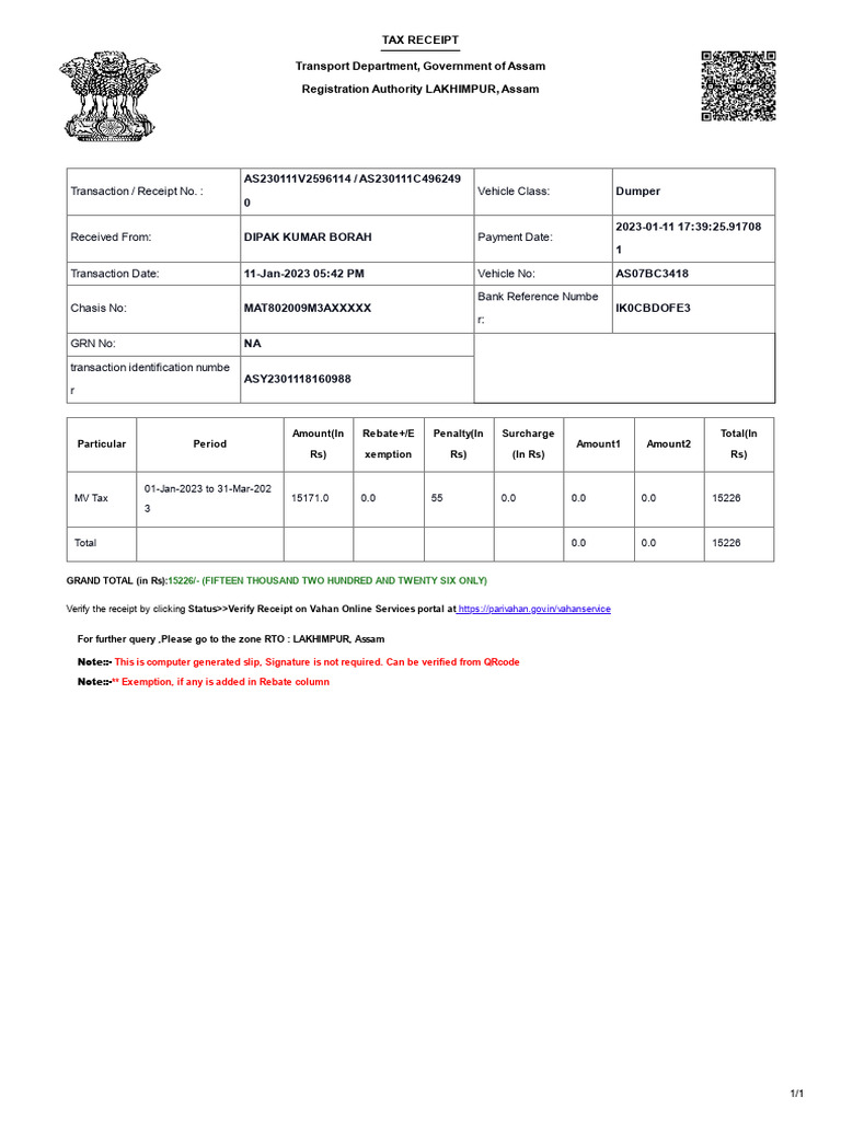 Vehicle Road Tax Receipt - AS07BC3418 | PDF | Receipt | Government Finances