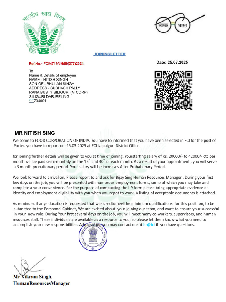 FCI Porter Job Offer Details | PDF
