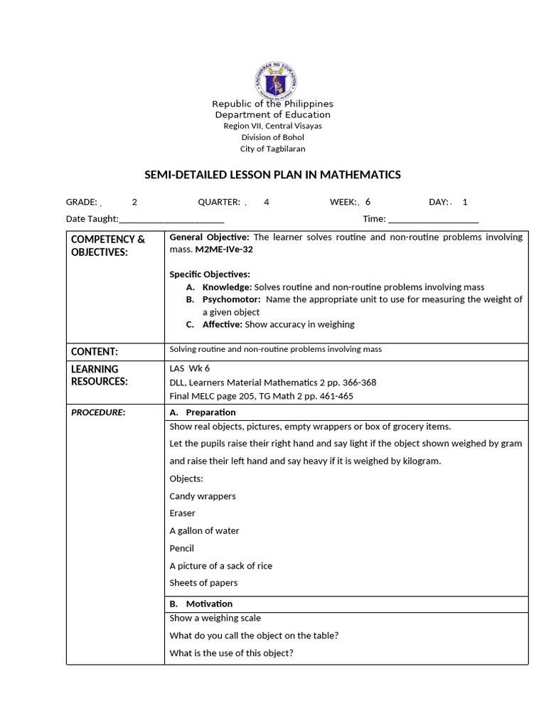 Grade 2 Math Lesson Plan on Mass | PDF | Learning | Litre
