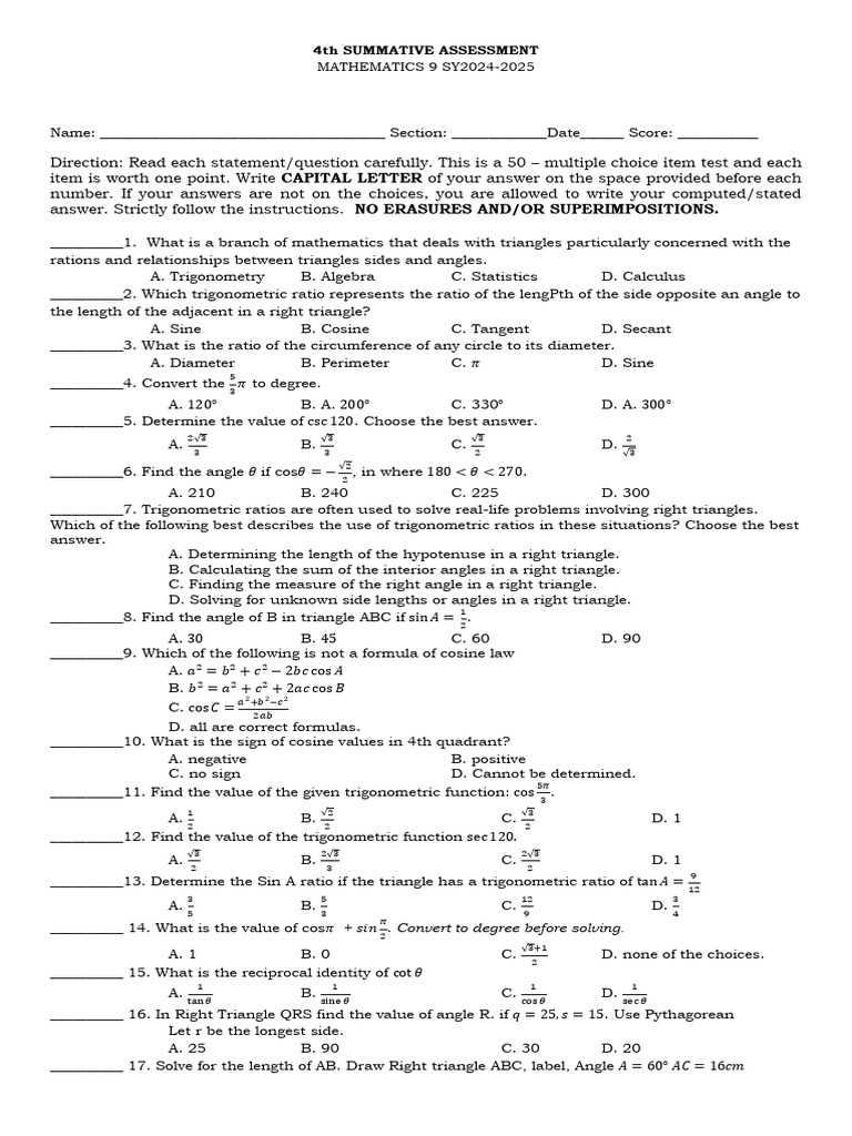 Trigonometry Assessment: Ladder Problem | PDF | Trigonometry | Geometry