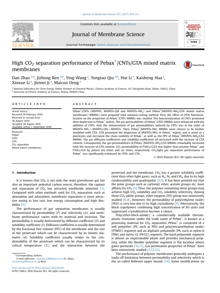 High-Performance CO2 Separation Membranes | PDF | Carbon Nanotube ...