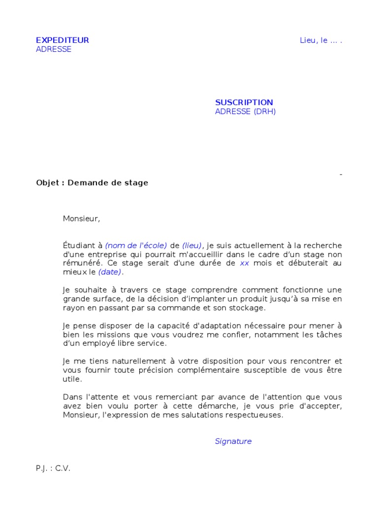 Demande De Stage Grande Surface