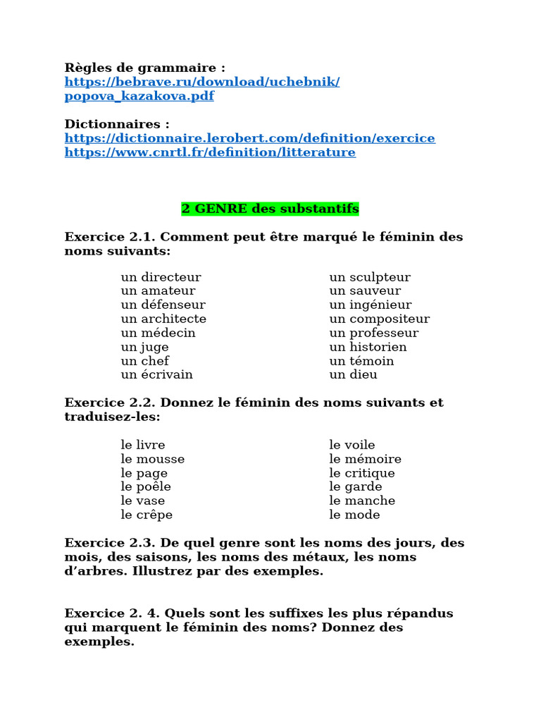 Genre et Pluriel des Substantifs | PDF
