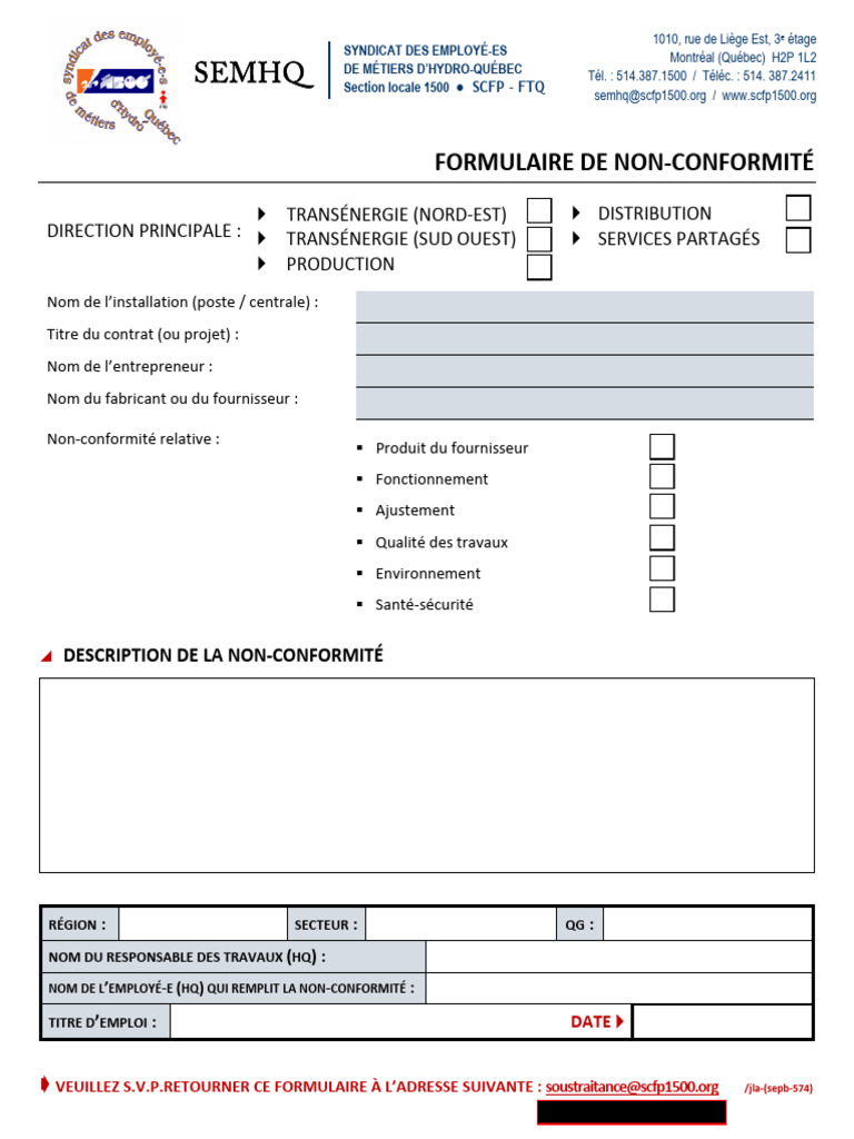 Formulaire de Non-Conformité SCFP 1500 | PDF