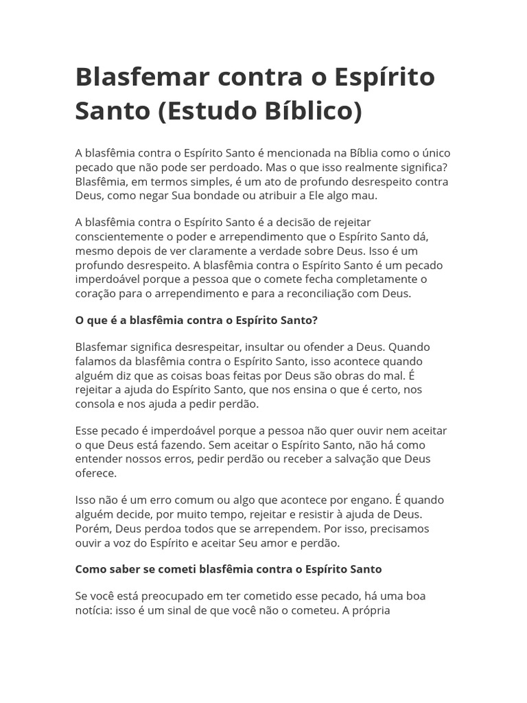 Blasfemar Contra o Espírito Santo | PDF | Pecado | Blasfêmia