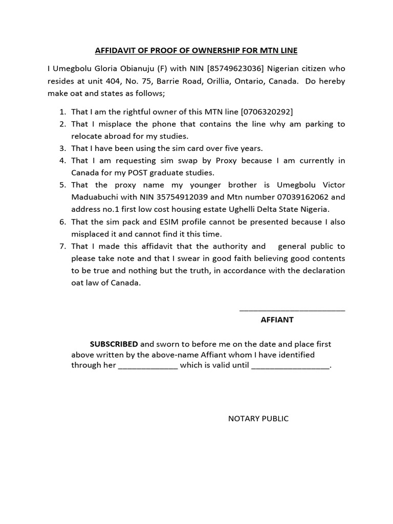 MTN Line Ownership Affidavit | PDF | Affidavit | Evidence