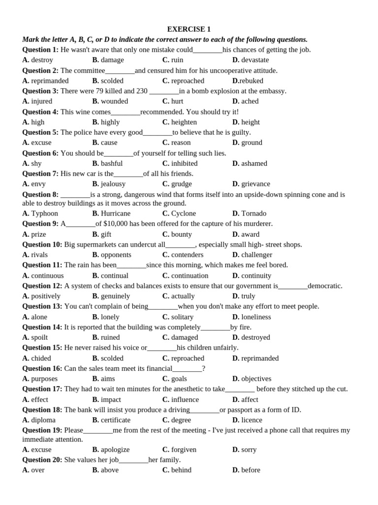 Vocabulary Quiz: Multiple Choice Exercises | PDF