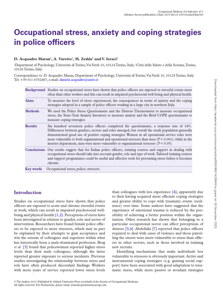Police Officers' Occupational Stress and Coping | PDF | Stress (Biology ...