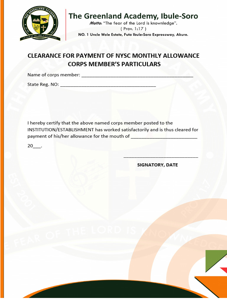 NYSC Monthly Clearance Letter Format | PDF