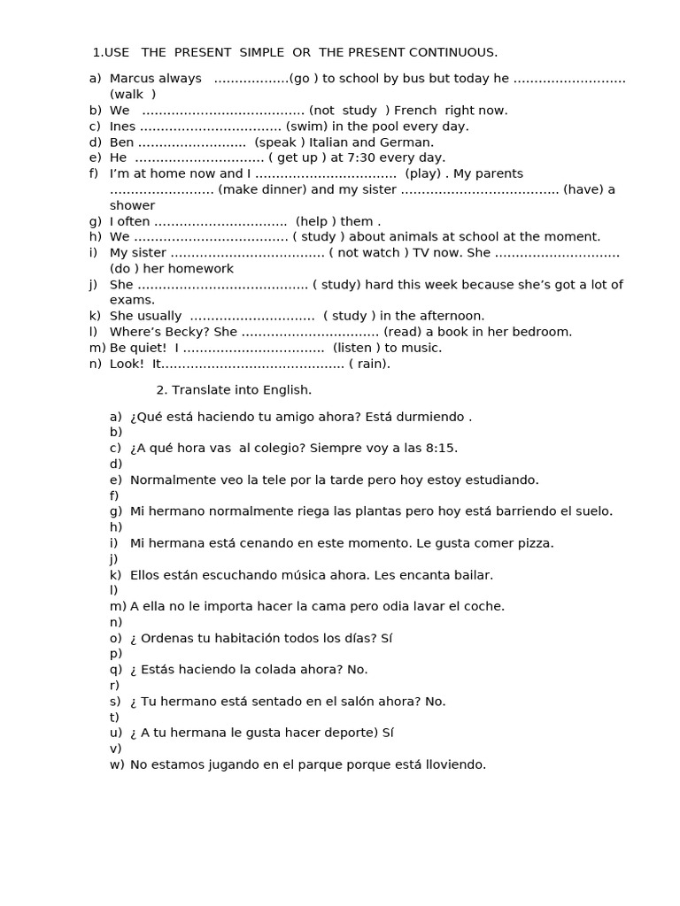 Ejercicios De Presente Simple Y Continuo PDF