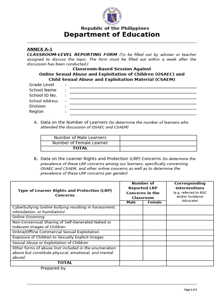 OSAEC and CSAEM Reporting Form | PDF | Cyberbullying | Teachers