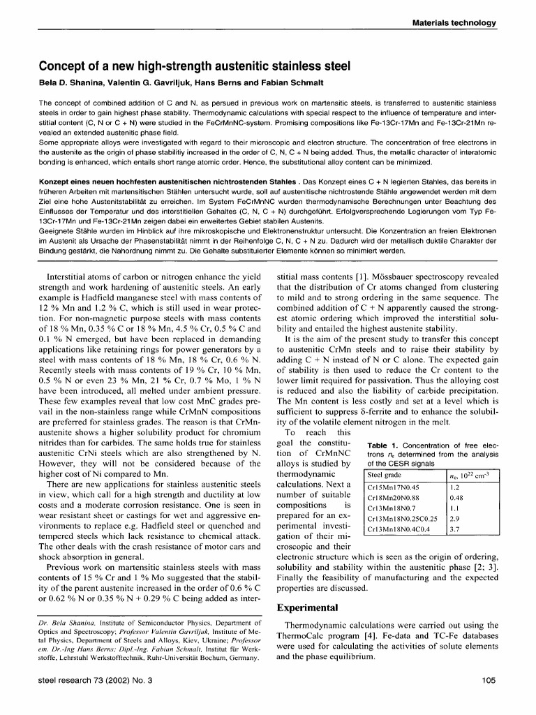 Concept of A New High-Strength Austenitic Stainless Steel | PDF | Steel ...