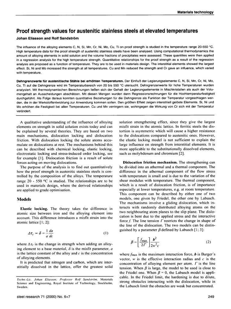 Proof Strength of Austenitic Steels | PDF | Dislocation | Stainless Steel