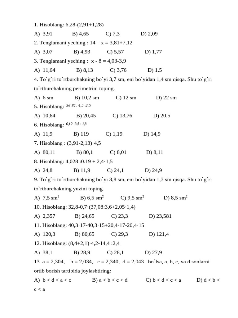 6-sinf Matematika Testi 1-chorak | PDF