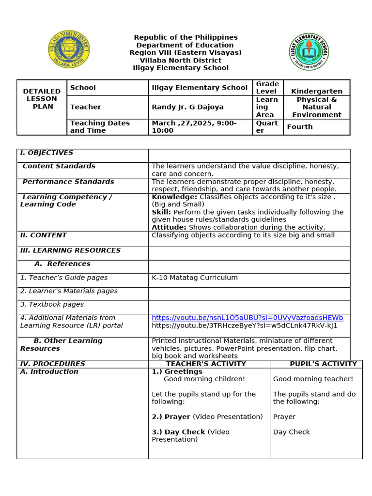 Kindergarten Lesson Plan: Classifying Sizes | PDF | Teachers | Learning